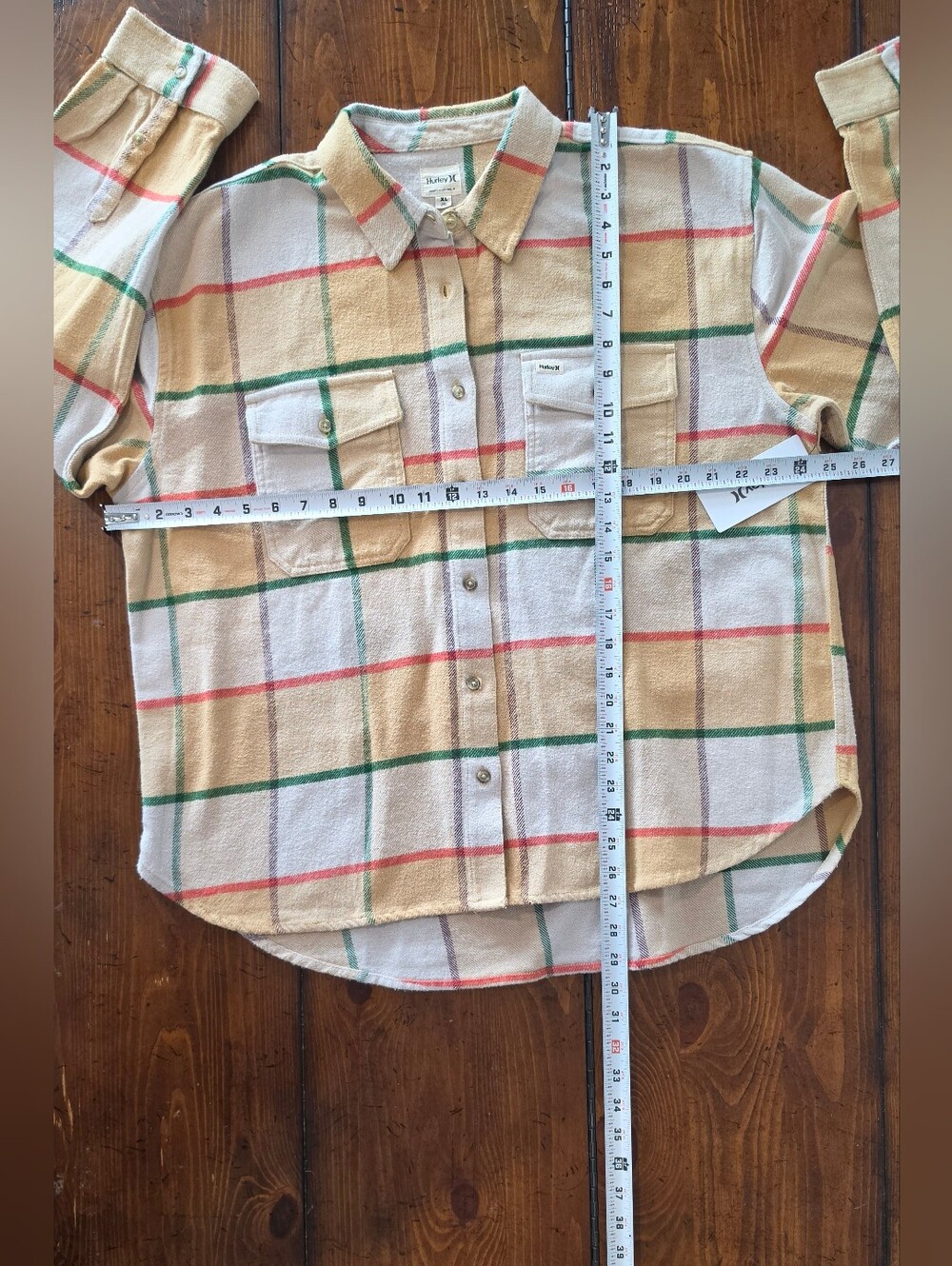 Hurley Yellow Fall Plaid Button-Up Flannel Shirt Shachet w/Green Red Women Sz XL - Picture 7 of 8